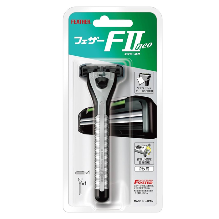 Feather F-System «FII Neo» - Мужской бритвенный станок с двойным лезвием (3 кассеты + пена для бритья)