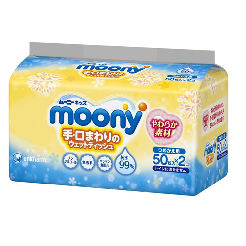 Moony - Детские влажные салфетки для рук и области рта, мягкая упаковка, 50 шт*2 (716265)